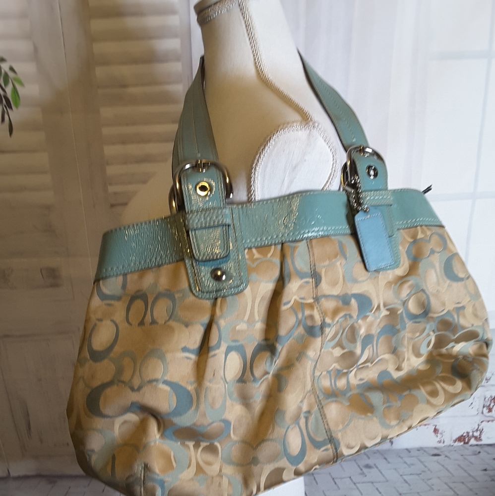 ⚜Authentic⚜Coach Soho Pleated Optic Signature Tote tan/blue Purse Shoulder Bag